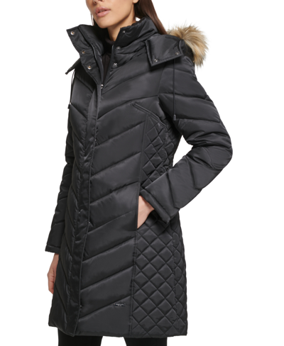 Kenneth Cole Women's Faux-fur-trim Hooded Puffer Coat In Black