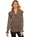 DKNY WOMEN'S PRINTED BUTTON-FRONT LONG-SLEEVE RUFFLE TOP