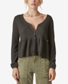 Lucky Brand Women's Waffle-texture Cloud-soft Button-down Top In Jet Black