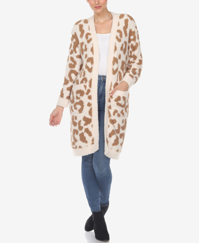 WHITE MARK WOMEN'S LEOPARD PRINT OPEN FRONT SHERPA CARDIGAN