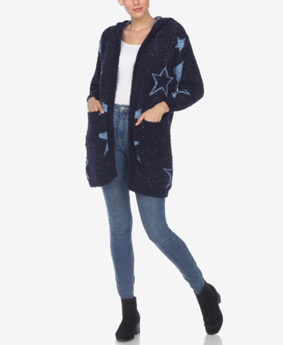 White Mark Plus Size Hooded Open Front Sherpa Sweater In Navy,light Blue Stars