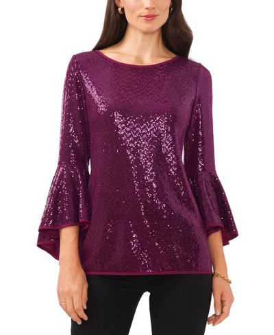 Vince Camuto Metallic Knit Flutter Sleeve Top In Arresting Plum