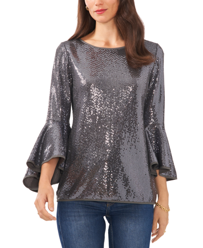 Vince Camuto Metallic Knit Flutter Sleeve Top In Silver