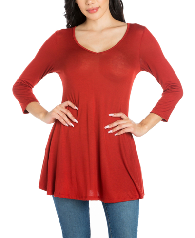 24seven Comfort Apparel Long Sleeve Solid Color Swing Style Flared Tunic Top In Rust
