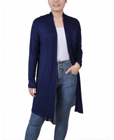 Ny Collection Women's Long Sleeve Knit Cardigan With Chiffon Back In Navy