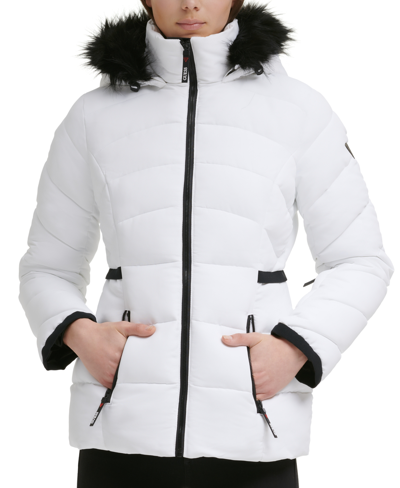 Guess Women's Faux-fur-trim Hooded Puffer Coat In White