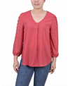 NY COLLECTION WOMEN'S V-NECK BLOUSE TOP WITH 3/4 JACQUARD CHIFFON SLEEVES