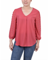 Ny Collection Women's V-neck Blouse Top With 3/4 Jacquard Chiffon Sleeves In Holly Berry