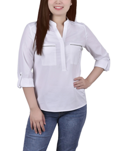 Ny Collection Women's 3/4 Roll Tab Hi Low Y-neck Top In White