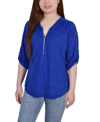 Ny Collection Plus Size 3/4 Roll Tab Zip Front Jacquard Knit Top In Royal