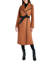Tahari Juliette Womens Wool Blend Faux Leather Trim Wool Coat In Caramel