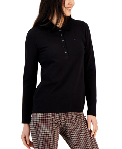 Tommy Hilfiger Women's Logo Long-sleeve Polo Shirt In Black