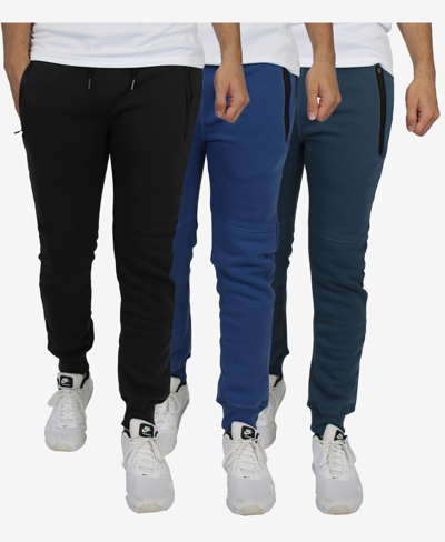 Blu Rock Men's Slim Fit Fleece Jogger Sweatpants With Heat Seal Zipper Pockets, Pack Of 3 In Navy,heather Gray,blue