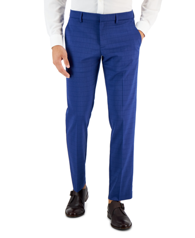 Perry Ellis Portfolio Men's Slim-fit Tonal Windowpane Dress Pants In Dark Blue