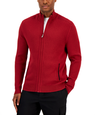 Alfani Men's Ribbed Full-zip Sweater, Classic Fit, Created For Macy's In Merlot