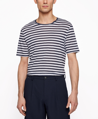 Hugo Boss Pure-linen Regular-fit T-shirt With Horizontal Stripe In Dark Blue