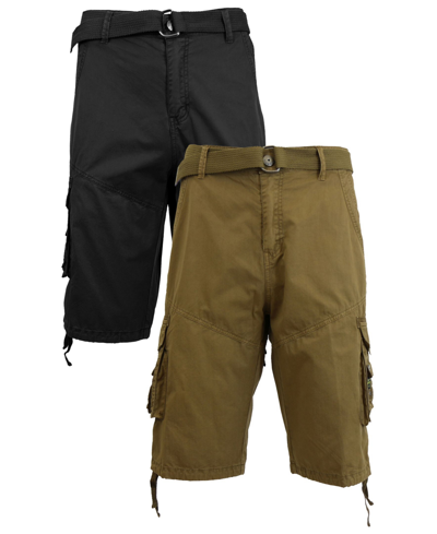 Galaxy By Harvic Men's Belted Cargo Shorts With Twill Flat Front Washed Utility Pockets, Pack Of 2 In Black And Timber
