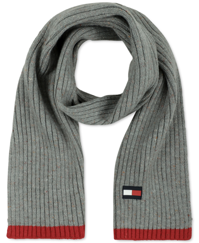 Tommy Hilfiger Men's Rubber Flag Patch Tipped Rib Scarf In Heather Grey