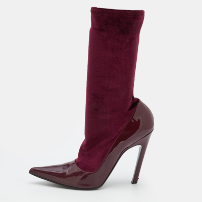 Pre-owned Balenciaga Burgundy Patent Leather And Velvet Knife Stretch Sock Boots Size 39