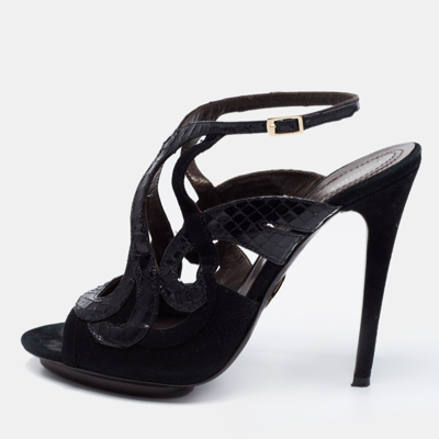 Pre-owned Roberto Cavalli Black Snakeskin Embossed Leather And Suede Ankle Strap Sandals Size 39.5