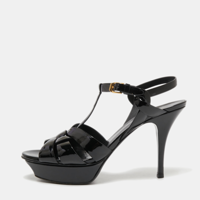 Pre-owned Saint Laurent Black Patent Leather Tribute Platform Sandals Size 39.5