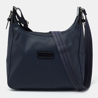 Pre-owned Longchamp Navy Blue Textured Leather Zip Hobo