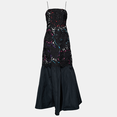 Pre-owned Emporio Armani Black Printed Satin & Lace Overlay Maxi Dress M