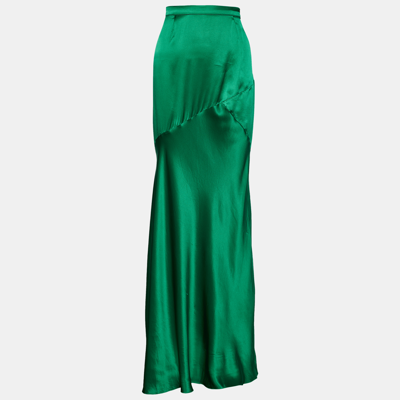 Pre-owned Roberto Cavalli Green Silk Satin Flared Maxi Skirt L