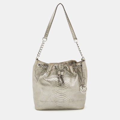 Pre-owned Michael Michael Kors Metallic Silver Python Embossed Leather Frankie Drawstring Bag