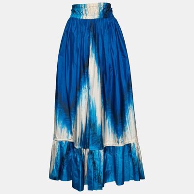 Pre-owned Roberto Cavalli Blue Printed Silk Ruffled Hem Maxi Skirt S