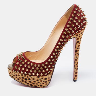 Pre-owned Christian Louboutin Beige/maroon Leopard Print Calfhair And Suede Lady Peep Spikes Pumps Size 36