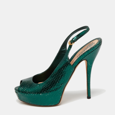 Pre-owned Gucci Metallic Green Snakeskin Embossed Leather Sofia Platform Slingback Sandals Size 36.5