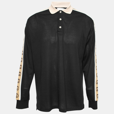 Pre-owned Gucci Black Cotton Pique Logo Tape Trimmed Polo T-shirt Xl