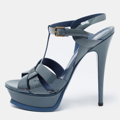 Pre-owned Saint Laurent Grey Patent Leather Tribute Sandals Size 37