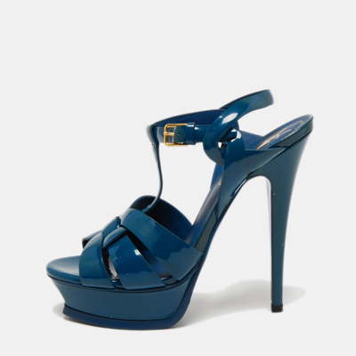 Pre-owned Saint Laurent Dark Teal Patent Leather Tribute Platform Sandals Size 37 In Blue