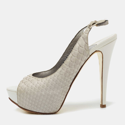Pre-owned Gina Grey Python Leather Peep-toe Platform Slingback Sandals Size 37.5