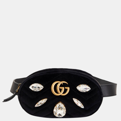 Pre-owned Gucci Gg Marmont Crystal & Velvet Belt Bag Black Size 85