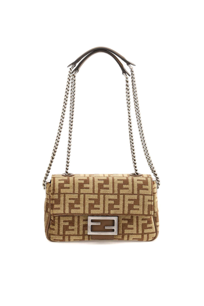Fendi Tapestry Fabric Baguette Chain Midi Bag In Brown