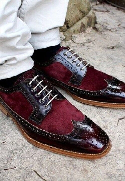 Pre-owned Handmade Men Maroon Leather Shoes, Men Wingtip Brogue Toe Shoe, Wedding Shoe Men