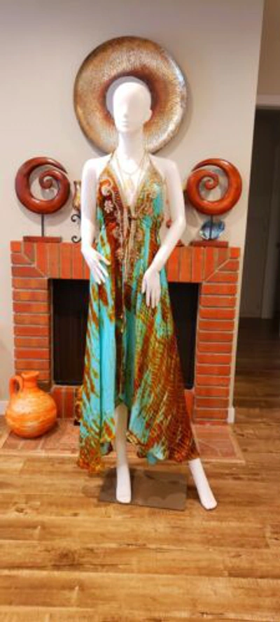 Pre-owned Manish Vaid Ocean Dreams Teal/brn Tie Dye Hi-lo Dress Os-nwt In Turquoise/ Brown