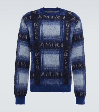 Amiri Logo-intarsia Cotton And Cashmere-blend Sweater In Blue