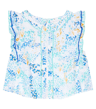 Poupette St Barth Kids' Adeh Ruffled Floral Top In White Blue Tulipe