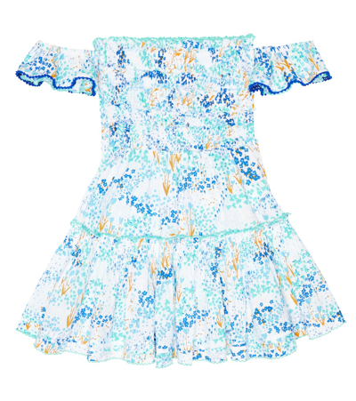 Poupette St Barth Kids' Aurora Floral Cotton Dress In White Blue Tulipe