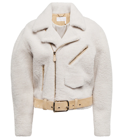 Chloé Suede-trim Shearling Moto Jacket In Confident White