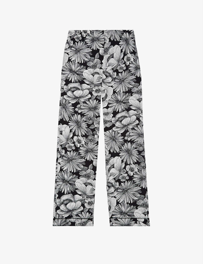The Kooples Floral-print Straight-leg Silk Trousers In Black