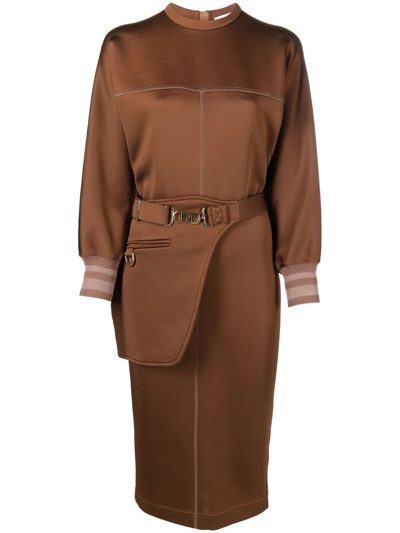 Fendi Seam-detail Belted Jersey Midi Dress In Brown