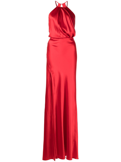 Michelle Mason Pleat-detail Halterneck Gown In Red