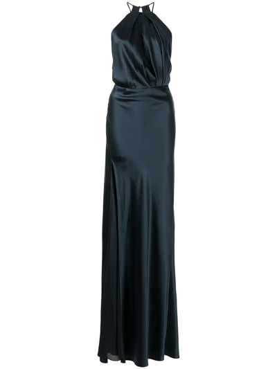 Michelle Mason Pleat-detail Halterneck Gown In Blue