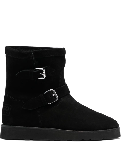 Kenzo Buckle-detail Suede Boots In Black