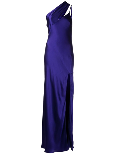 Michelle Mason Side-slit One-shoulder Gown In Blau